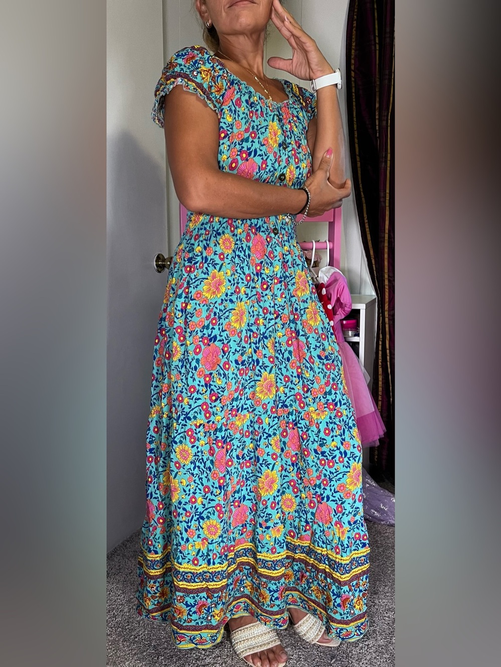 Ost Turquoise Floral Maxi Skirt with Pink & Yellow Accents WD-018
